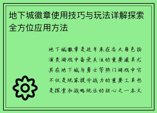 地下城徽章使用技巧与玩法详解探索全方位应用方法